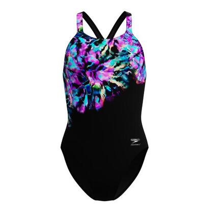 Speedo Damen Badeanzug Placement Printed Powerback Schwarz/Blau