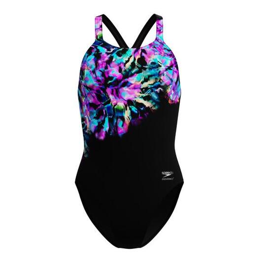 Speedo Damen Badeanzug Placement Printed Powerback Schwarz/Blau