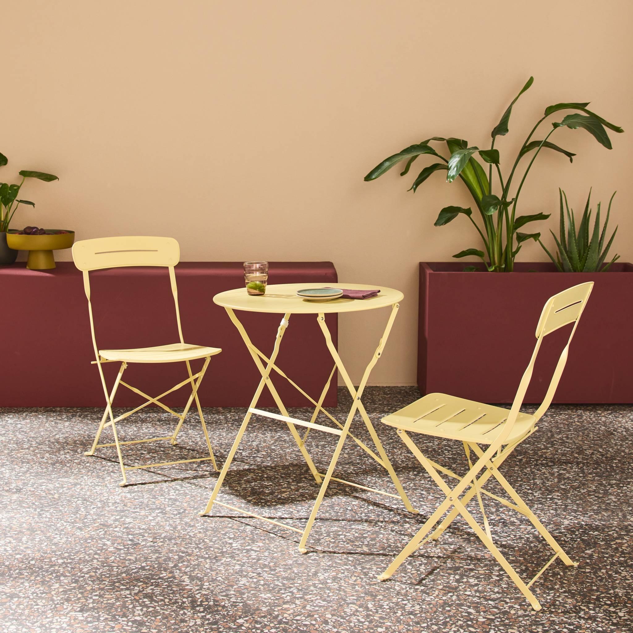 Set de jardín bistró plegable de mesa redonda de acero con 2 sillas, Amarillo 2/5
