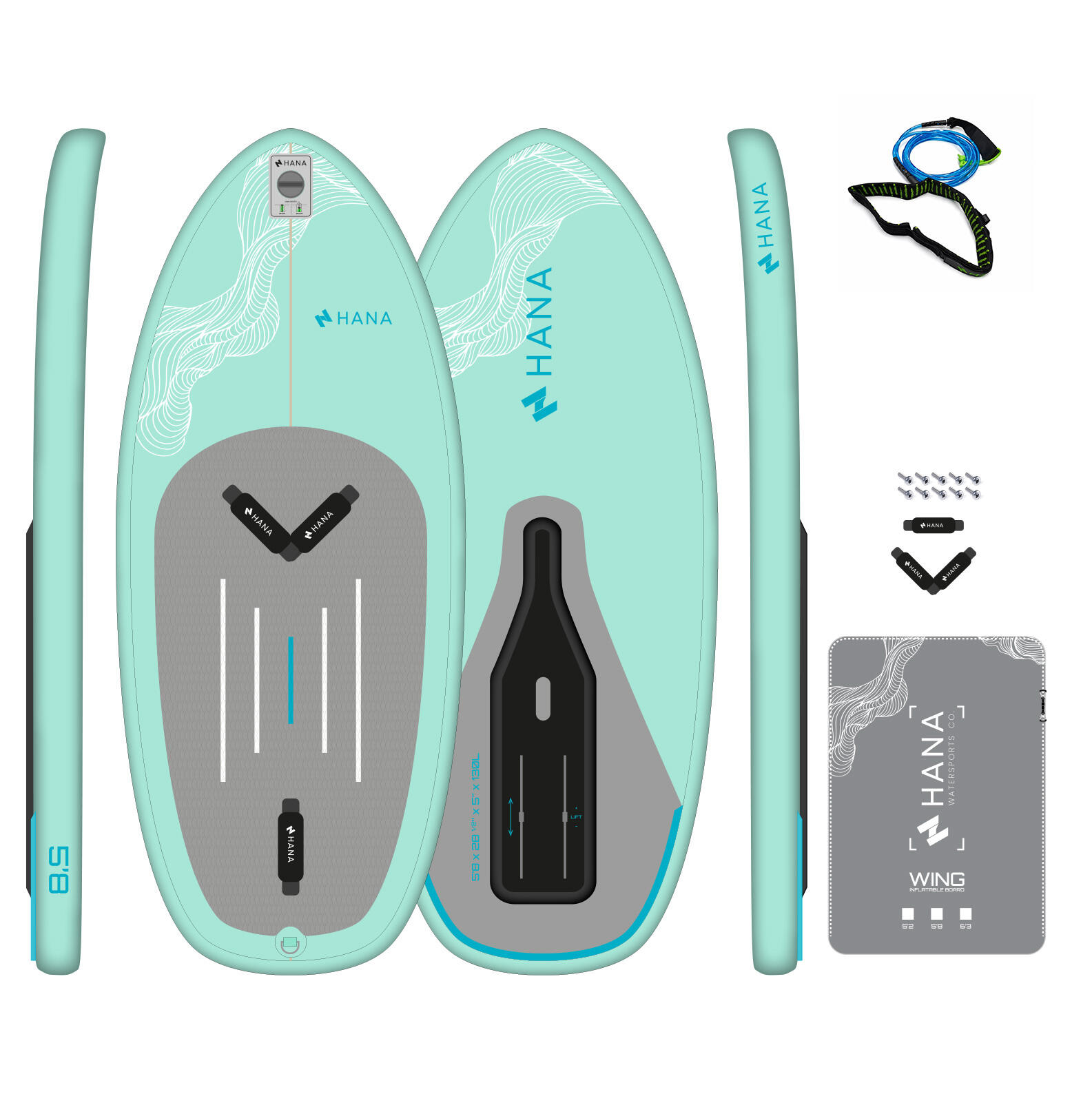 PACK - WINGFOIL BOARD 5'8 x 26 1/2" x 5" - 130l con Leash L/XL 1/6