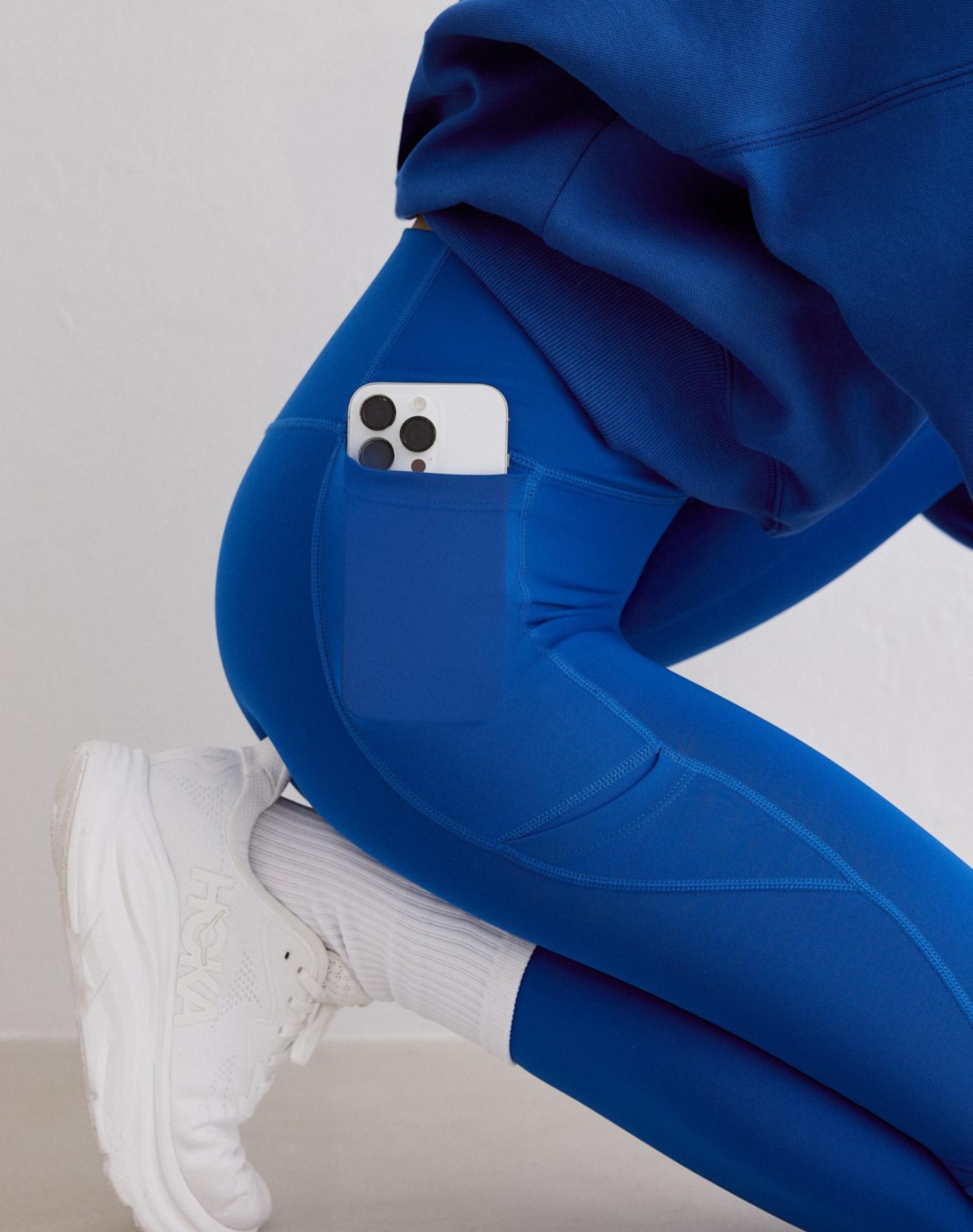 Damen Laufleggings 7/8 Hoher Bund squat proof Taschen Azurblau 3/6