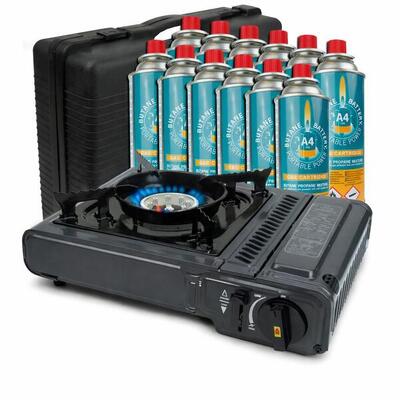Kooktoestel op gas - incl. 12 gasflessen - gasfornuis - draagkoffer