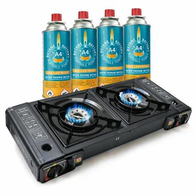 2 pits kooktoestel op gas - incl. 4 butaan gasflessen - gas stove