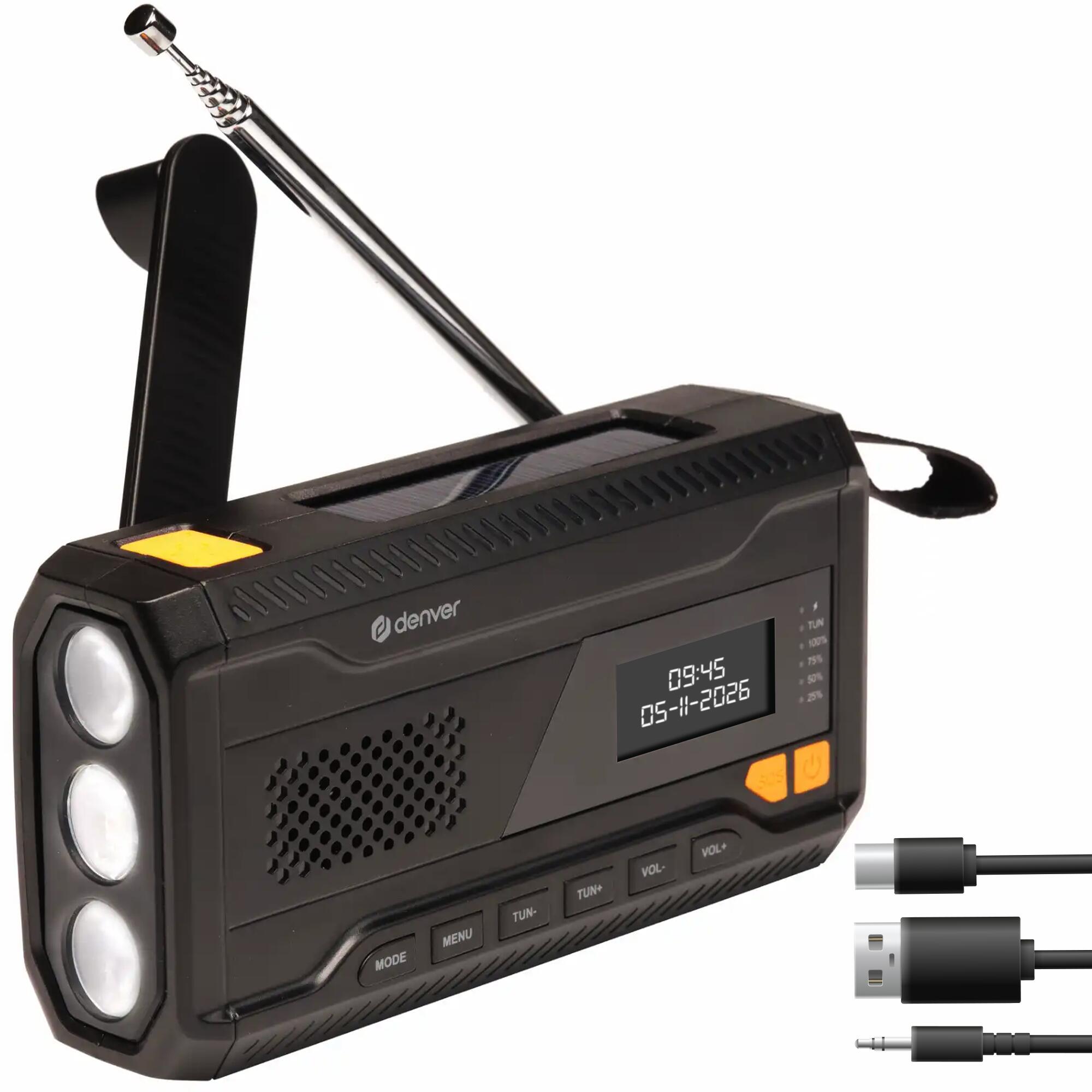 Duronic SDAB1 Draagbare Radio DAB met Batterij of 3 AAA-batterijen Zonne-energie Handdynamo digitale Radio Zaklamp SOS-alarm Camping Wandelen Buiten Noodgevallen