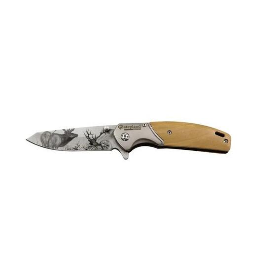 Couteau chasse pliant lame acier inox 8cm manche bois gravé cerf