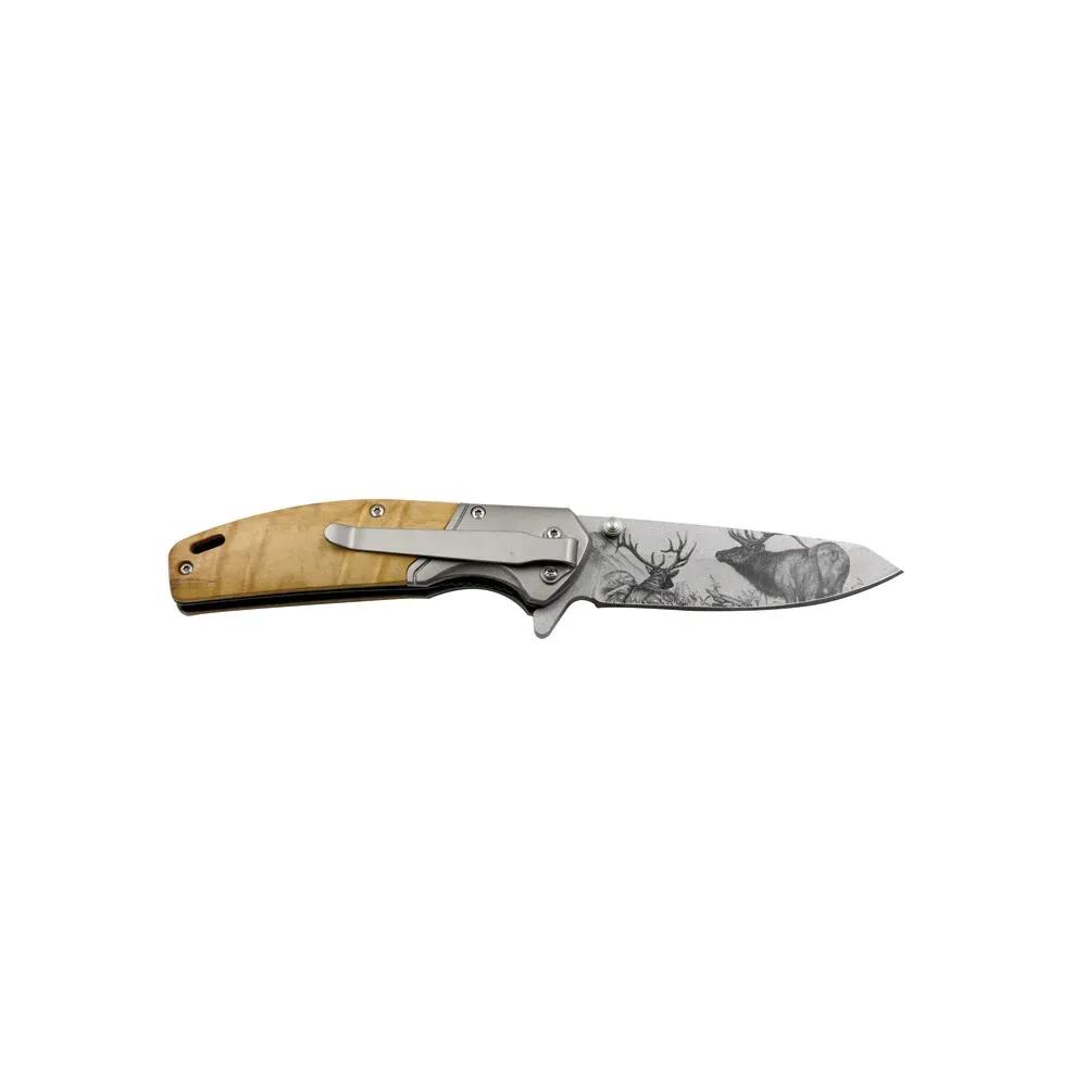 Couteau chasse pliant lame acier inox 8cm manche bois gravé cerf 2/5