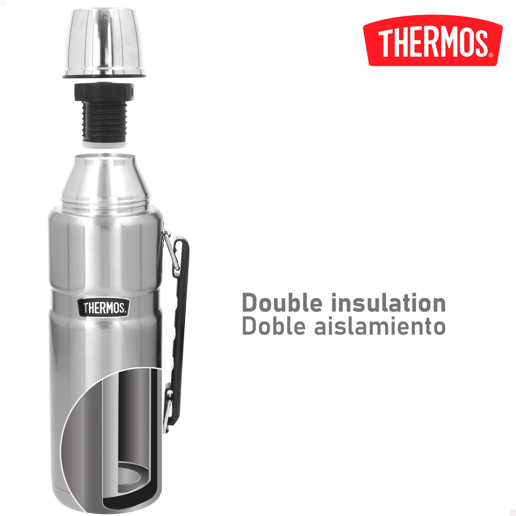 Botella térmica 1,2L acero inoxidable aislamiento doble pared con vaso y asa 3/7