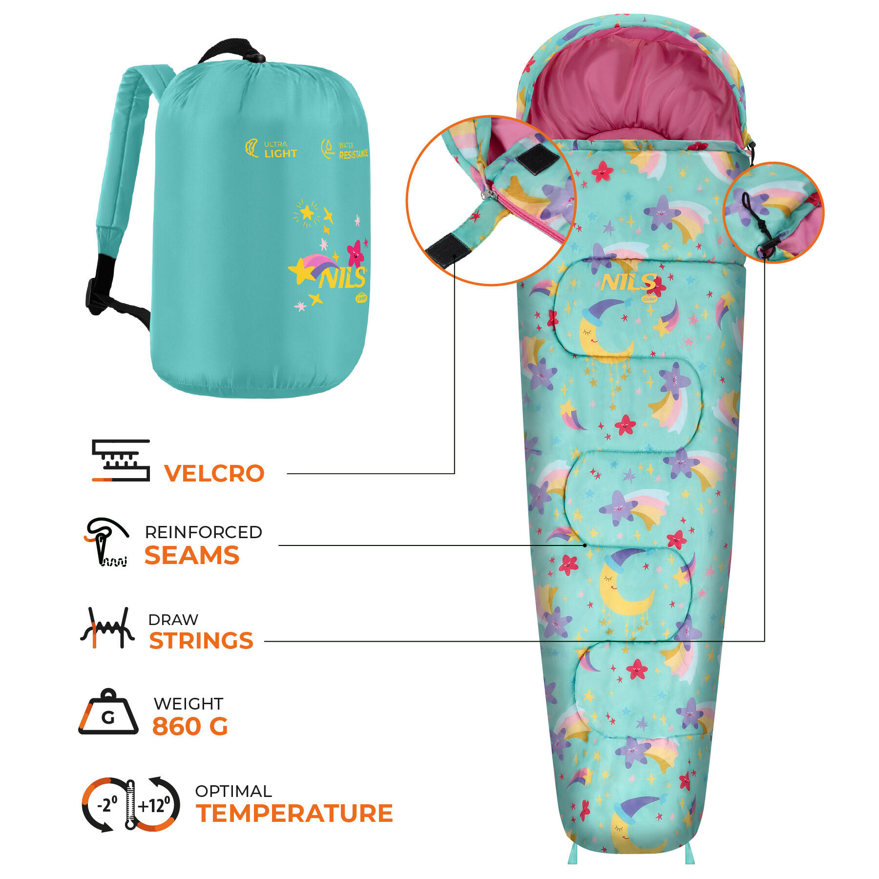 Sac de couchage camping enfant léger 170 cm NILS CAMP avec fonction sac à dos 3/5