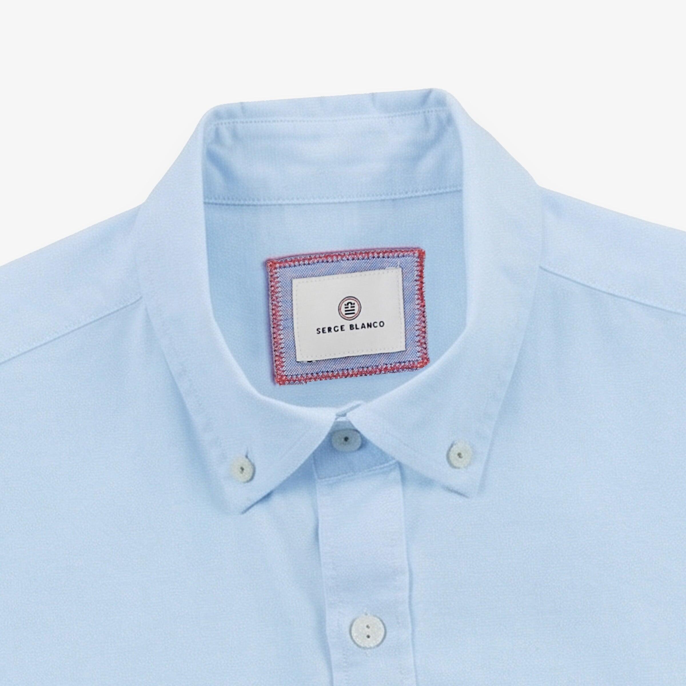 Camicia a maniche lunghe in cotone oxford azzurro con bordino tricolore 3/4