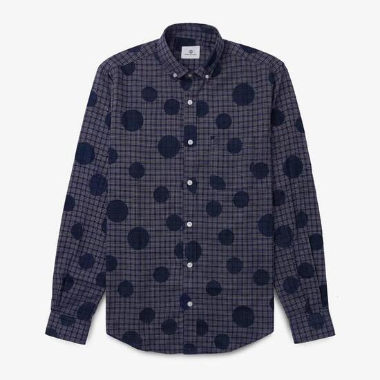 Chemise manches longues à carreaux et pois bleue