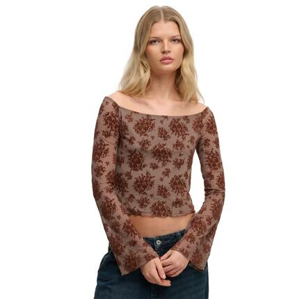T-shirt manches longues en maille floquée femme Superdry