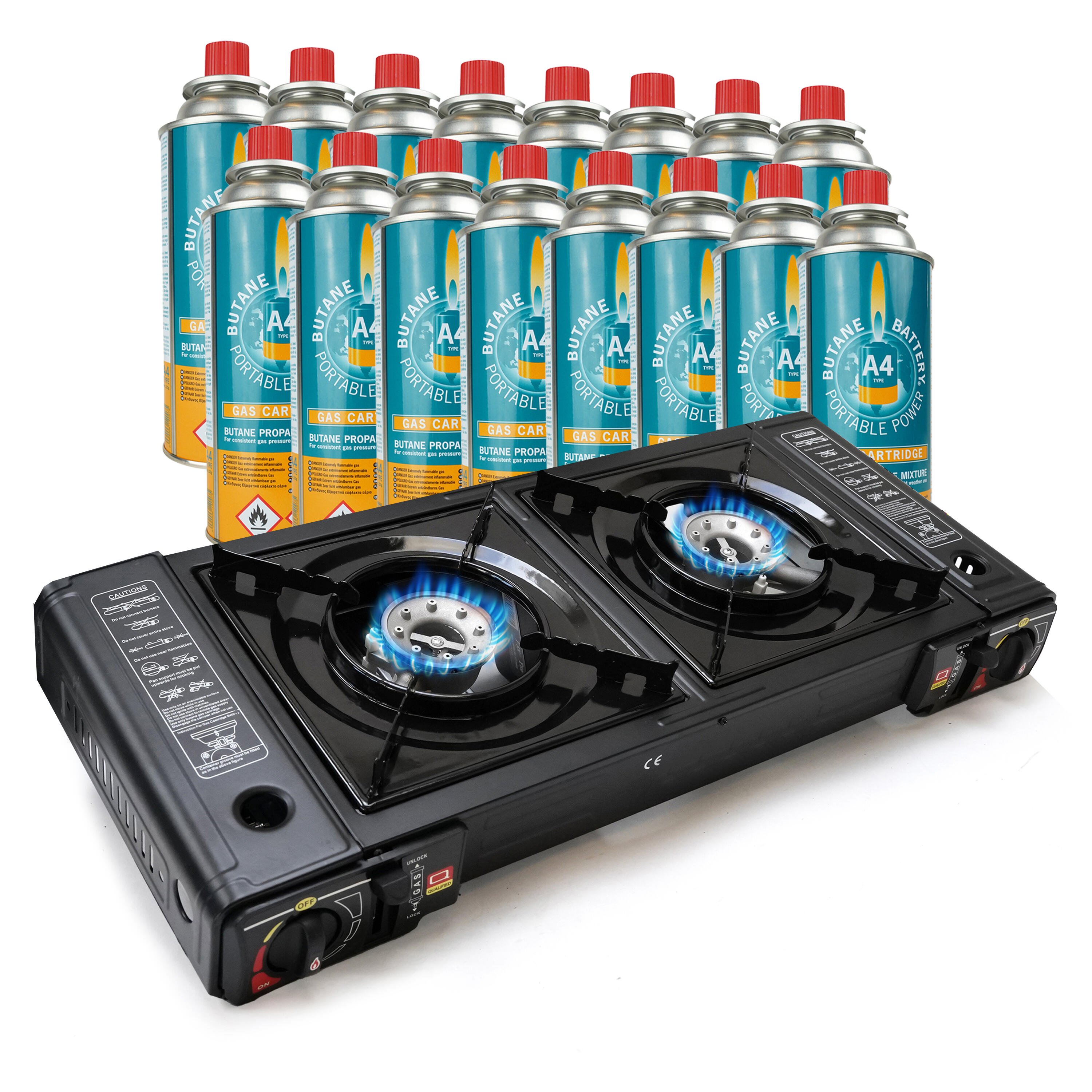 Chauffage à Gaz Portable Eurocatch + 16 Cartouches - Réglable Pour Terrasse Camping Jardin - Chaleur Rapide