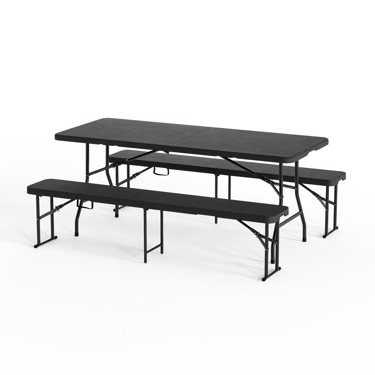 Inklapbare picknickset - tuintafel met 2 banken - Rattan Zwart 2/6