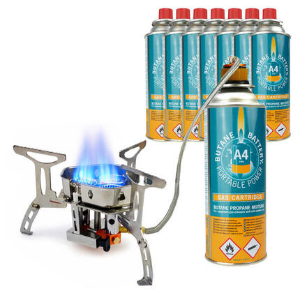 Faltbarer Gaskocher Turbo 6800W - mit Anschluss - inkl. 8 Gasflaschen