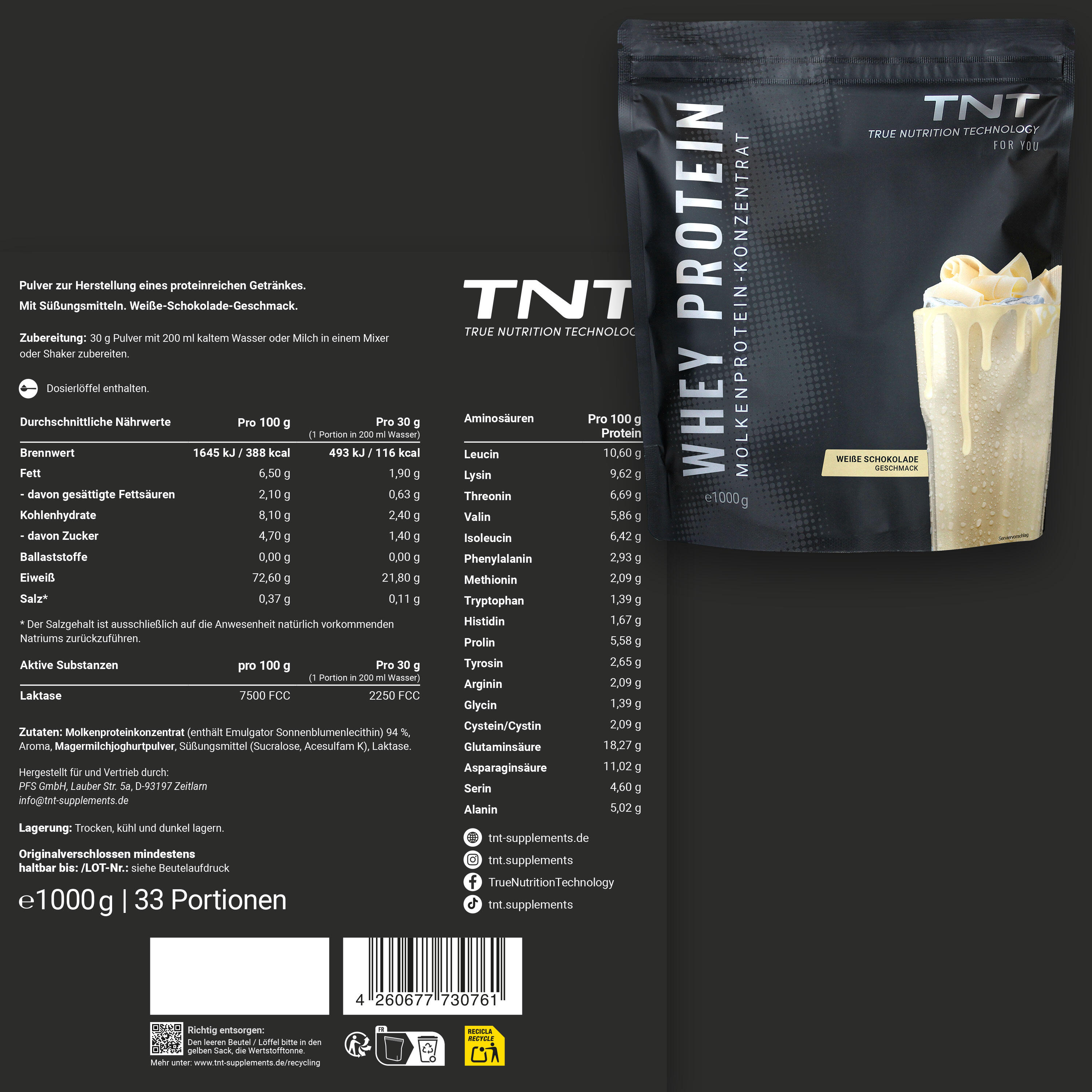 Whey Protein Konzentrat / Eiweißpulver - Weiße Schokolade (1000g) 5/7