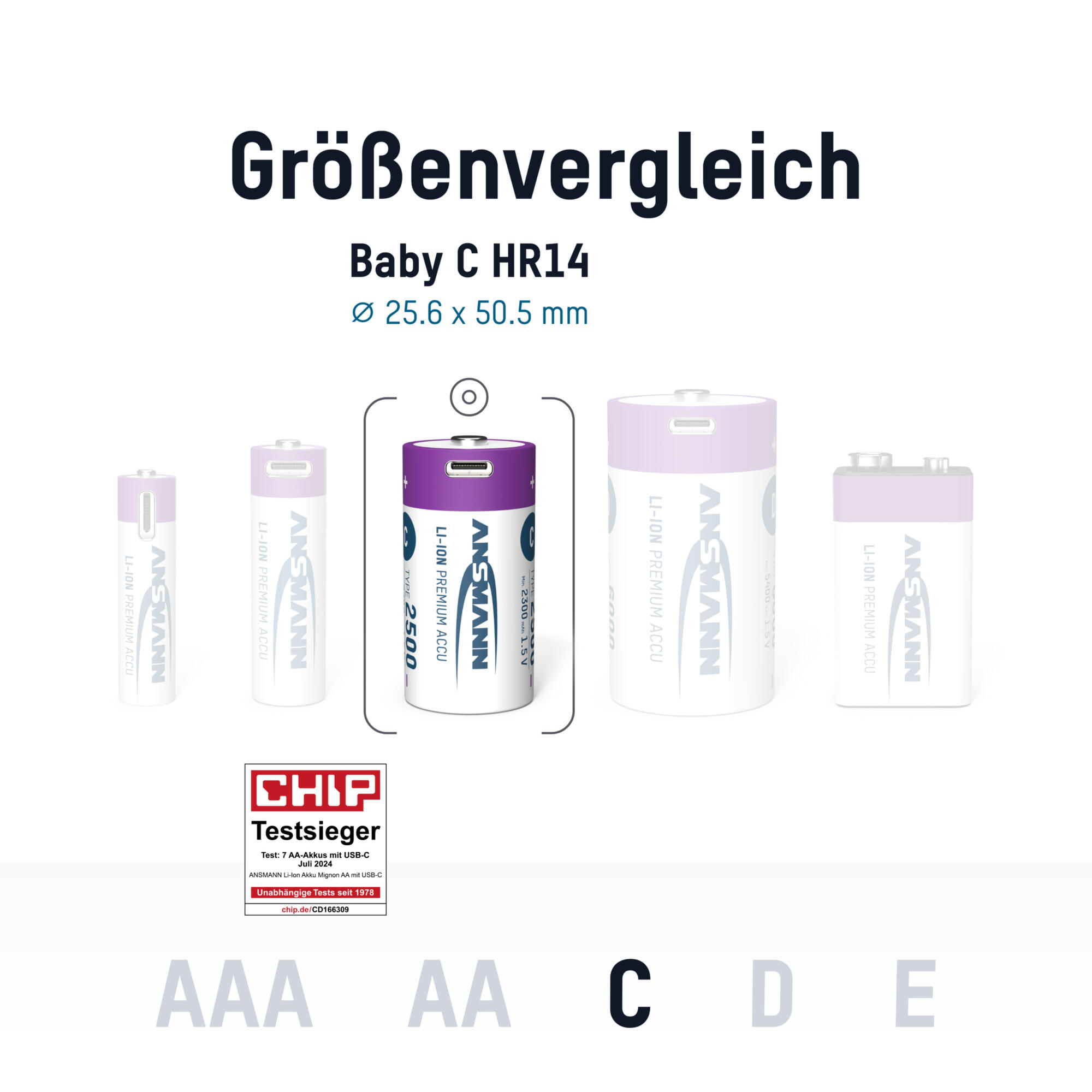 Akku Baby C Typ-C Anschluss Li-Ion 2300mAh 1,5V, 2 Stück 3/8