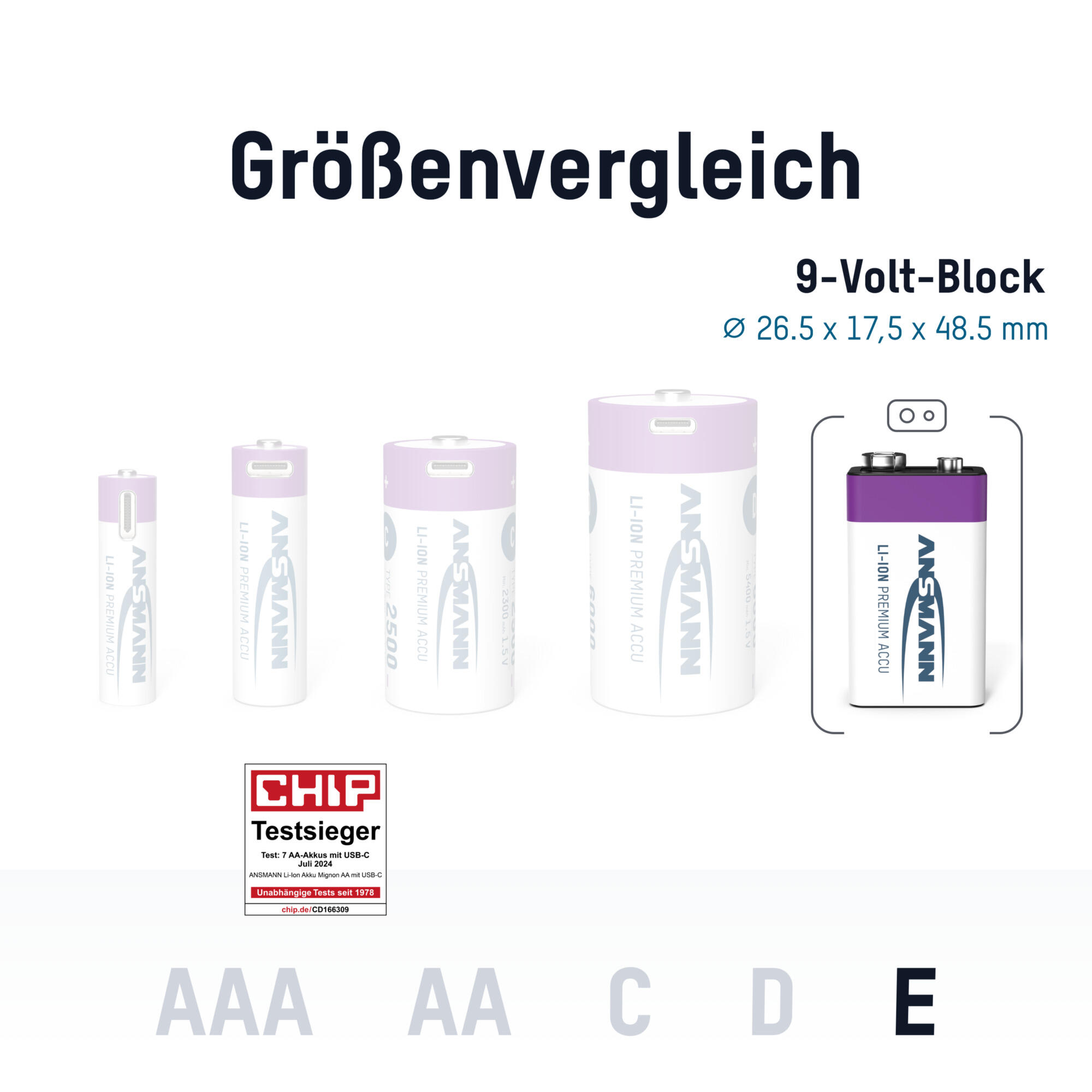 Akku 9V E-Block Typ-C Anschluss Li-Ion 340mAh, 1 Stück, wiederaufladbar 3/8
