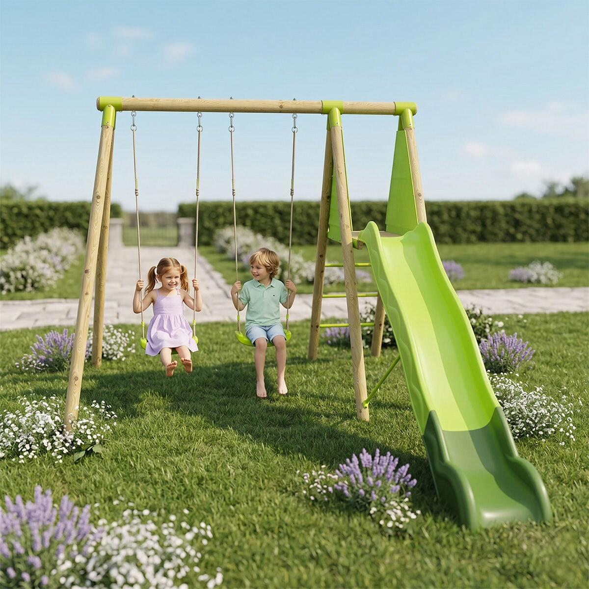 Balançoire en bois 2,30 m Topwood LUMI VERT - 4 enfants 2/7