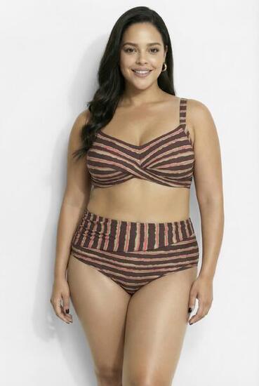 Femme Bikini avec bonnets souples drapé et jeu de rayures matière recyclée