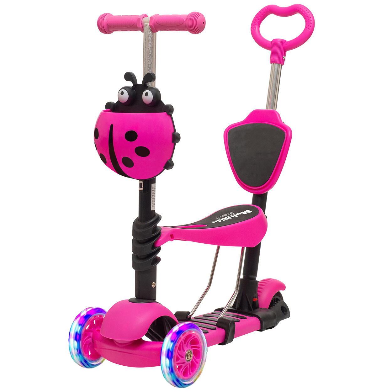 Kinderstep met duwstang - hoogte verstelbaar - lichtgevende wielen - roze 2/4