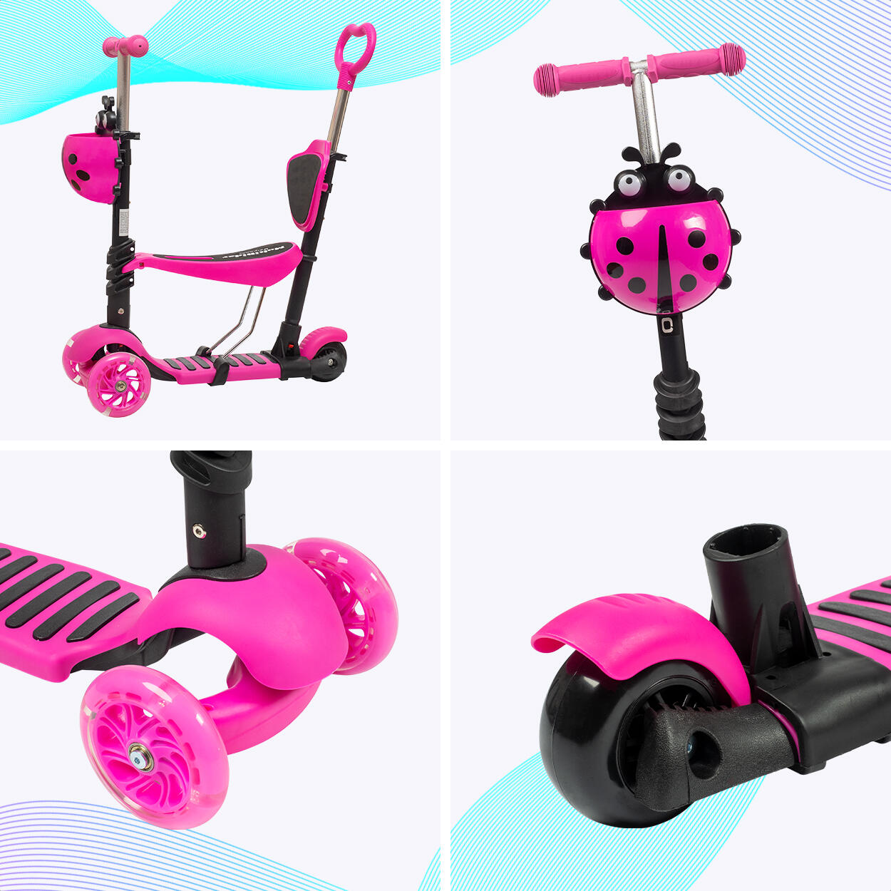 Kinderstep met duwstang - hoogte verstelbaar - lichtgevende wielen - roze 4/4