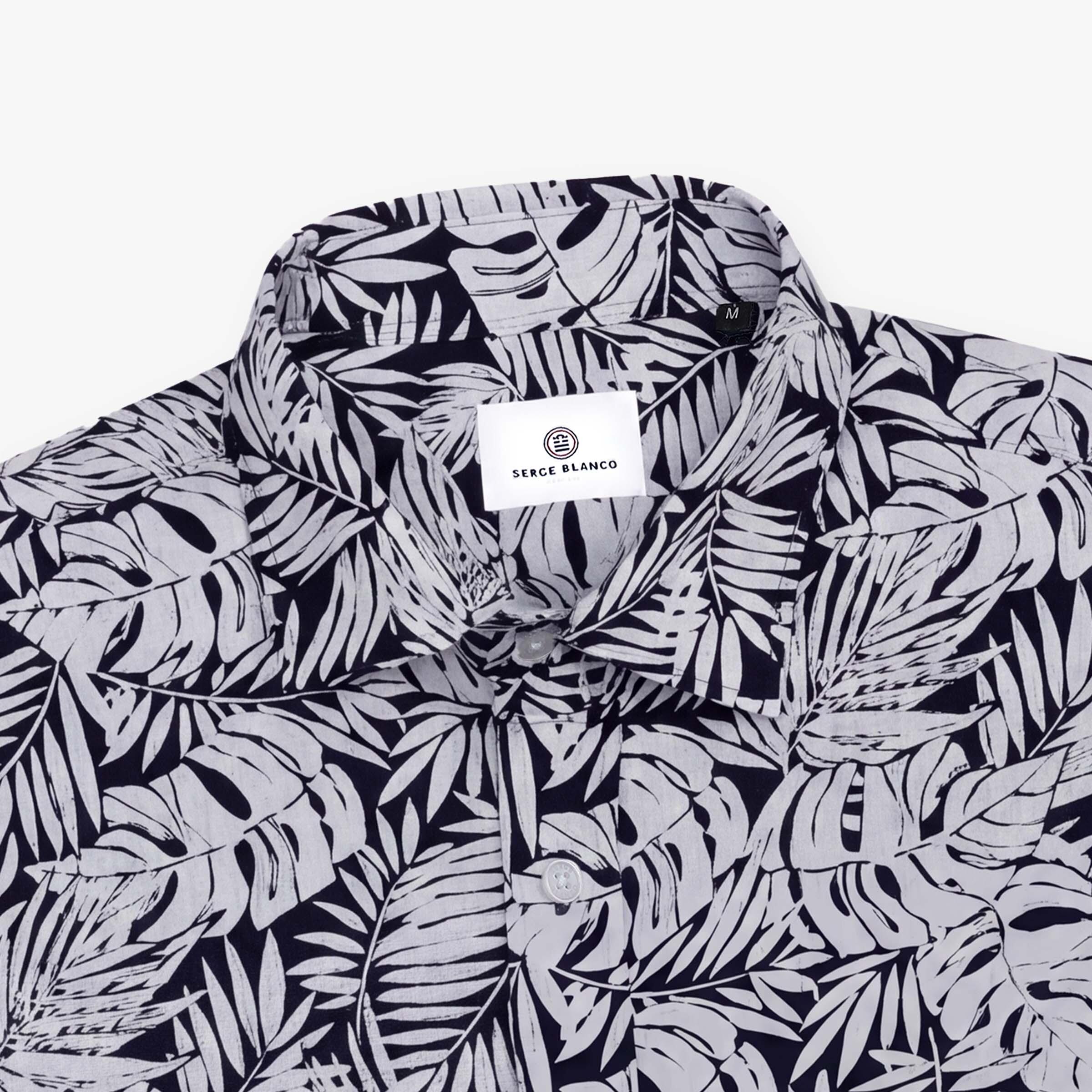 Camicia a maniche lunghe in cotone blu navy con stampa floreale 3/5
