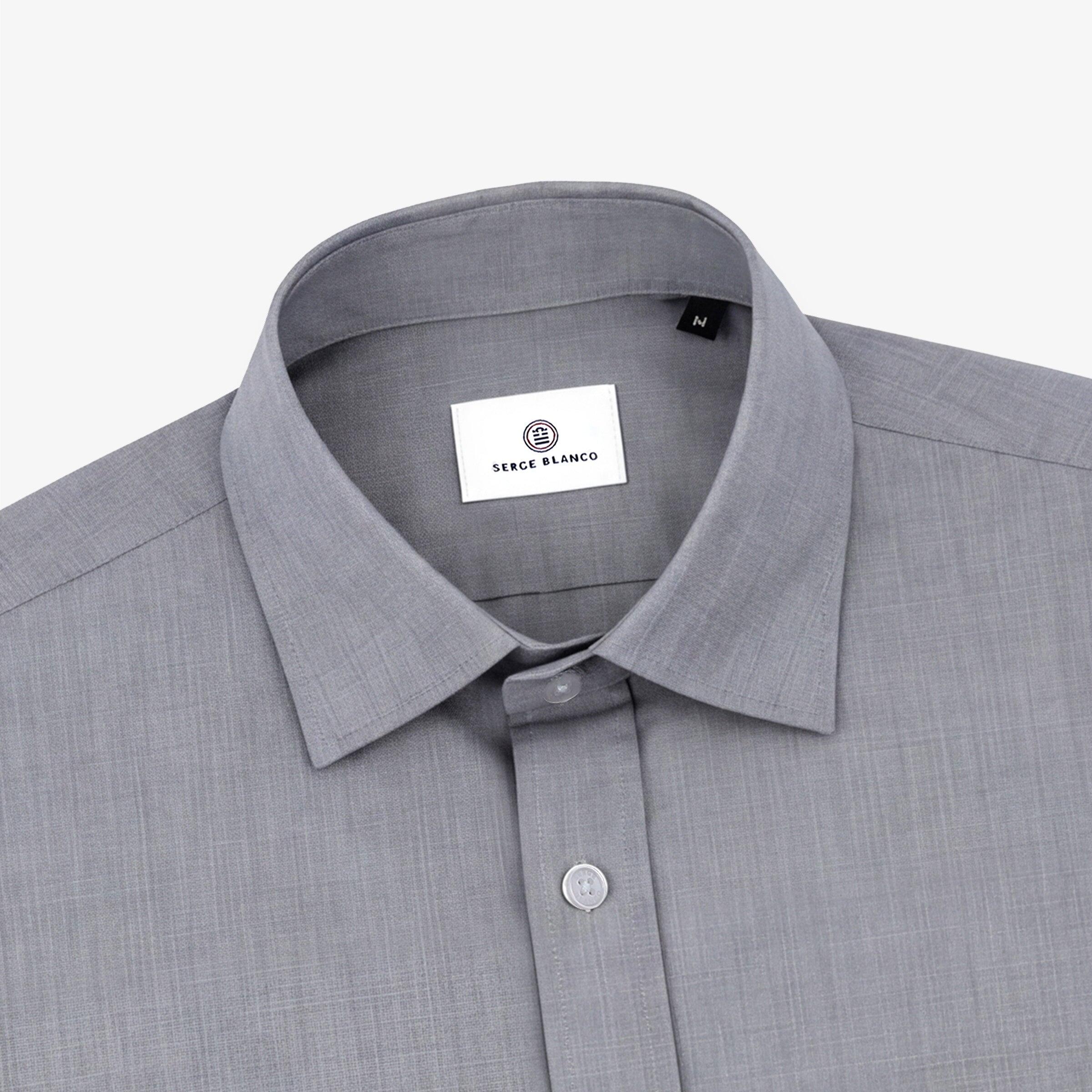 Chemise grise à manches longues en coton avec poche poitrine 3/4