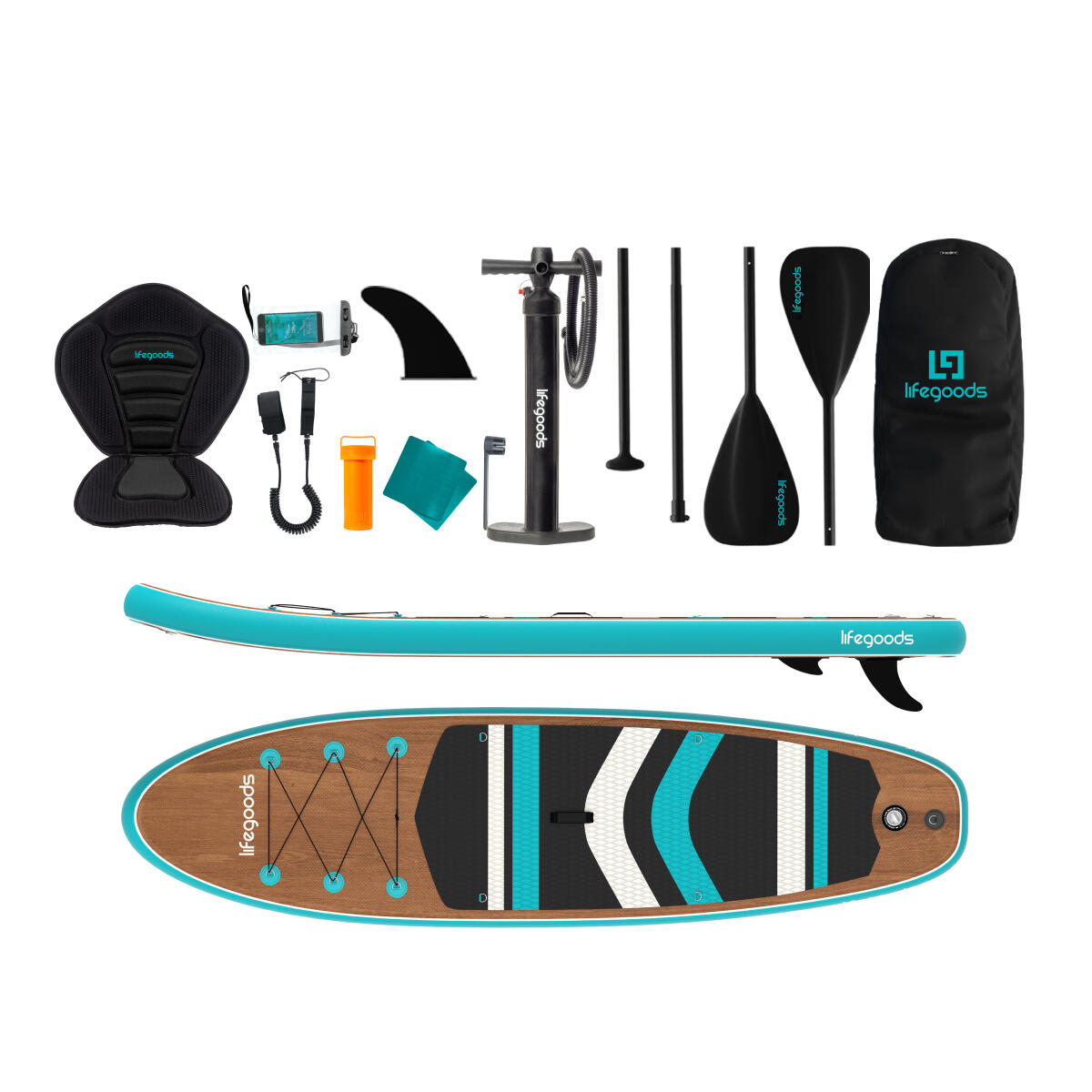 PaddlePro SUP Board - met zitje - opblaasbaar - 320cm - max 150kg - Hout/Blauw 5/6