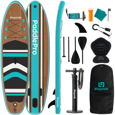 Paddlepro sup board - met zitje - opblaasbaar - 320cm - max 150kg - hout/blauw
