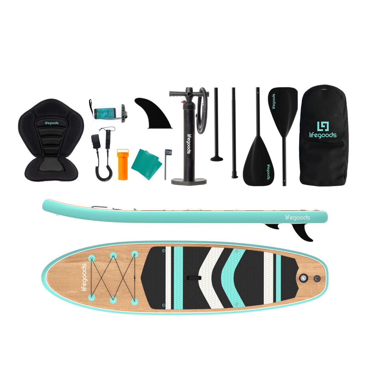 PaddlePro SUP Board - met zitje - opblaasbaar - 320cm - max 150kg - Hout/Groen 5/6