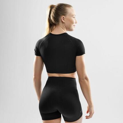 T-shirt crop top sport manches courtes sans couture femme Fitness Attitude Noir