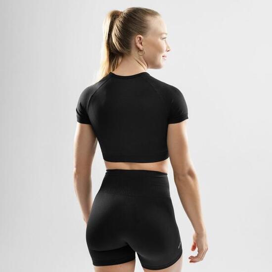 T-shirt crop top sport manches courtes sans couture femme Fitness Attitude Noir