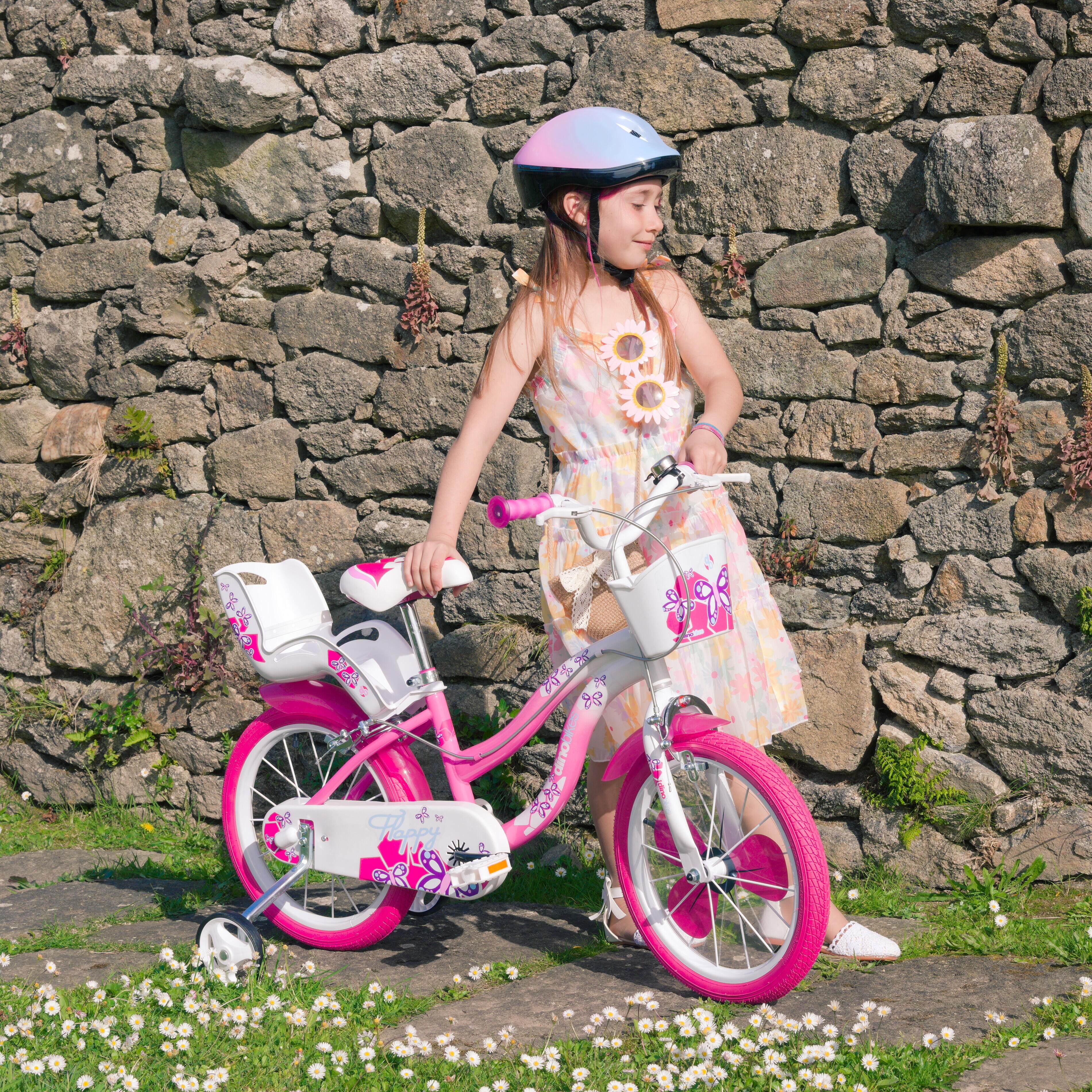 Vélo Enfant Dino Bikes Flappy 14 Pouces – Stabilisateurs Inclus – Porte-poupée Rose – Freins Guidon – Dès 5 Ans