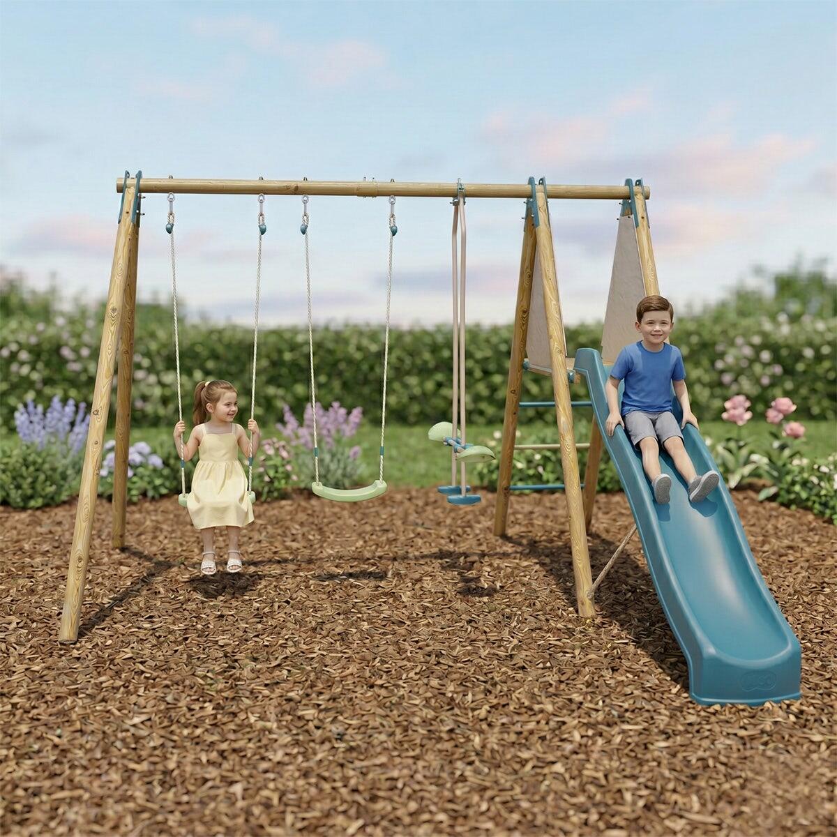 Balançoire bois Techwood Optima 2 2,30 m avec toboggan – Trigano 2/7