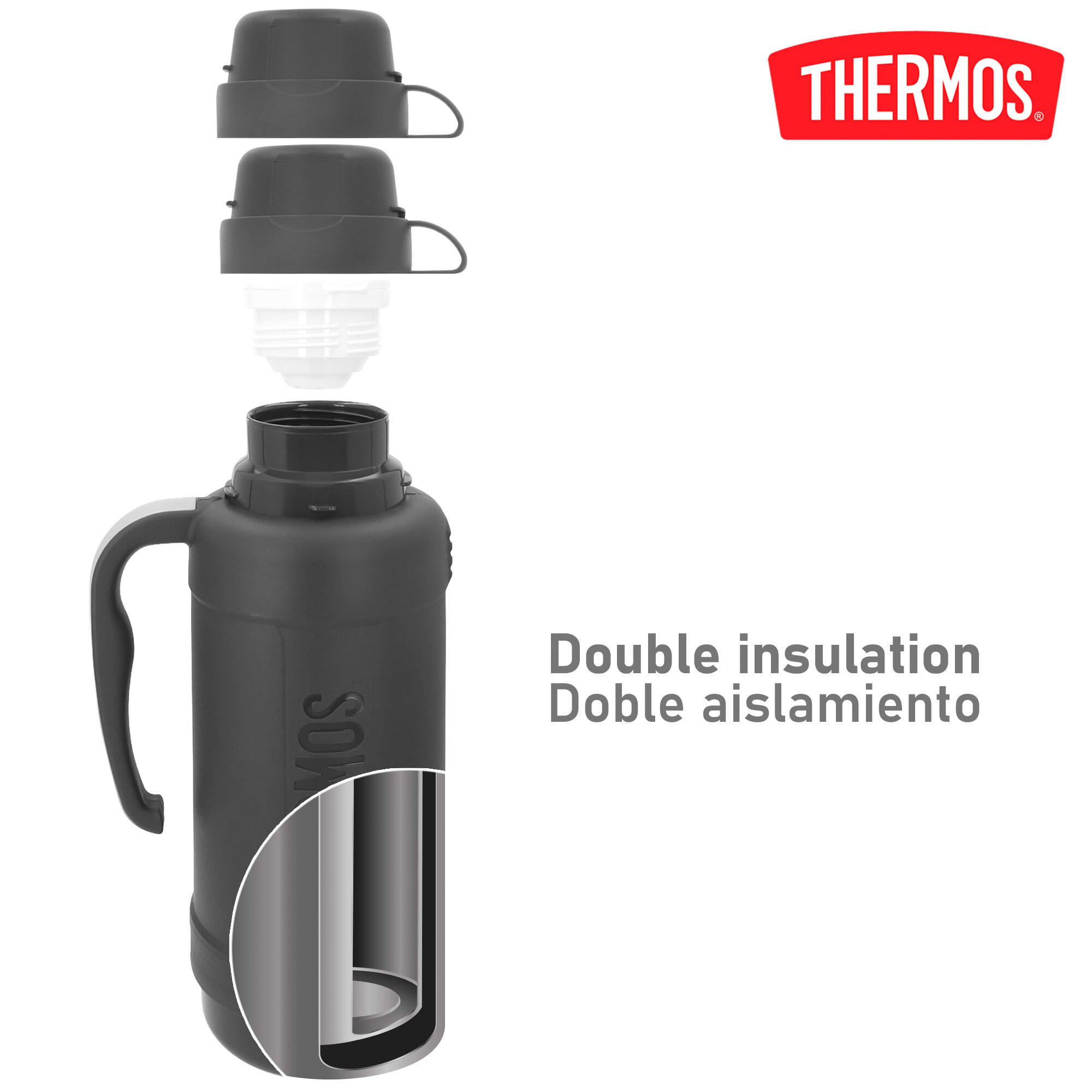 Bouteille isotherme de 1,8 L à double paroi avec 2 verres 3/7
