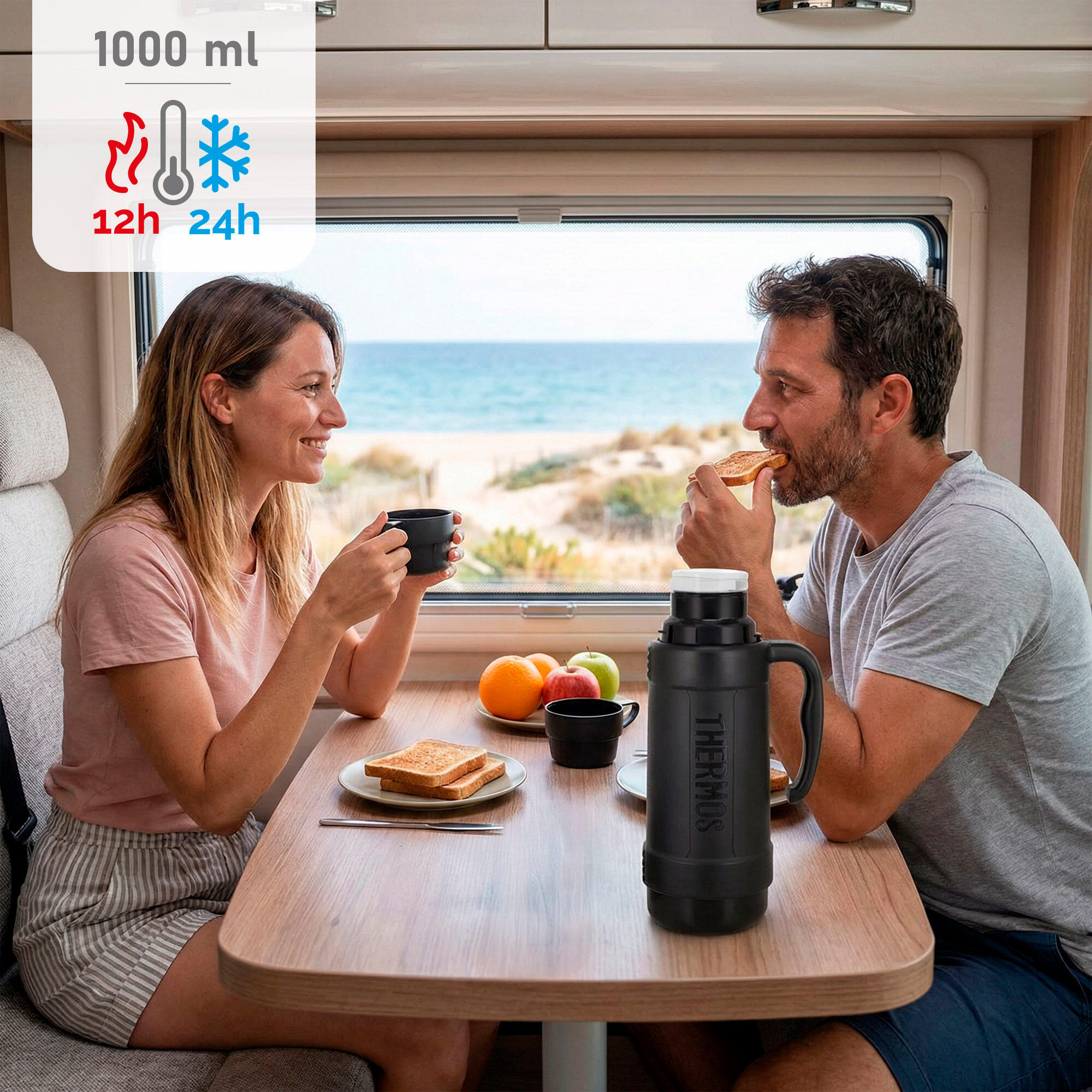 Bouteille isotherme de 1 L à double paroi avec 2 verres 2/7