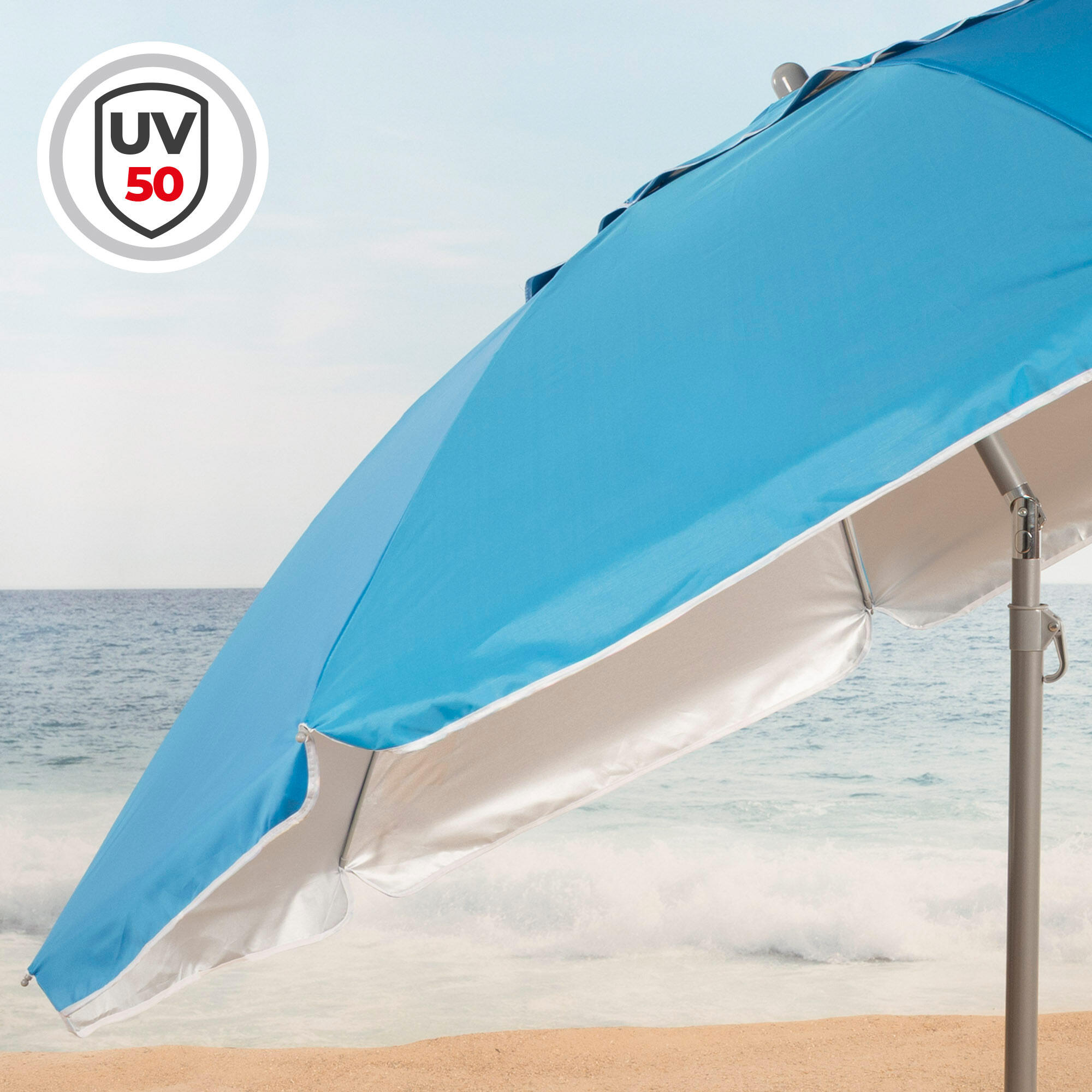Ombrellone da spiaggia reclinabile UV50 in tessuto Oxford e acciaio con supporto 3/7