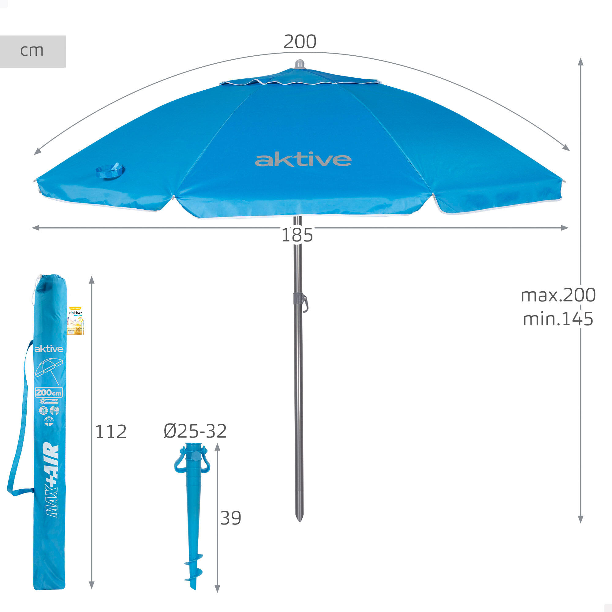 Ombrellone da spiaggia reclinabile UV50 in tessuto Oxford e acciaio con supporto 4/7