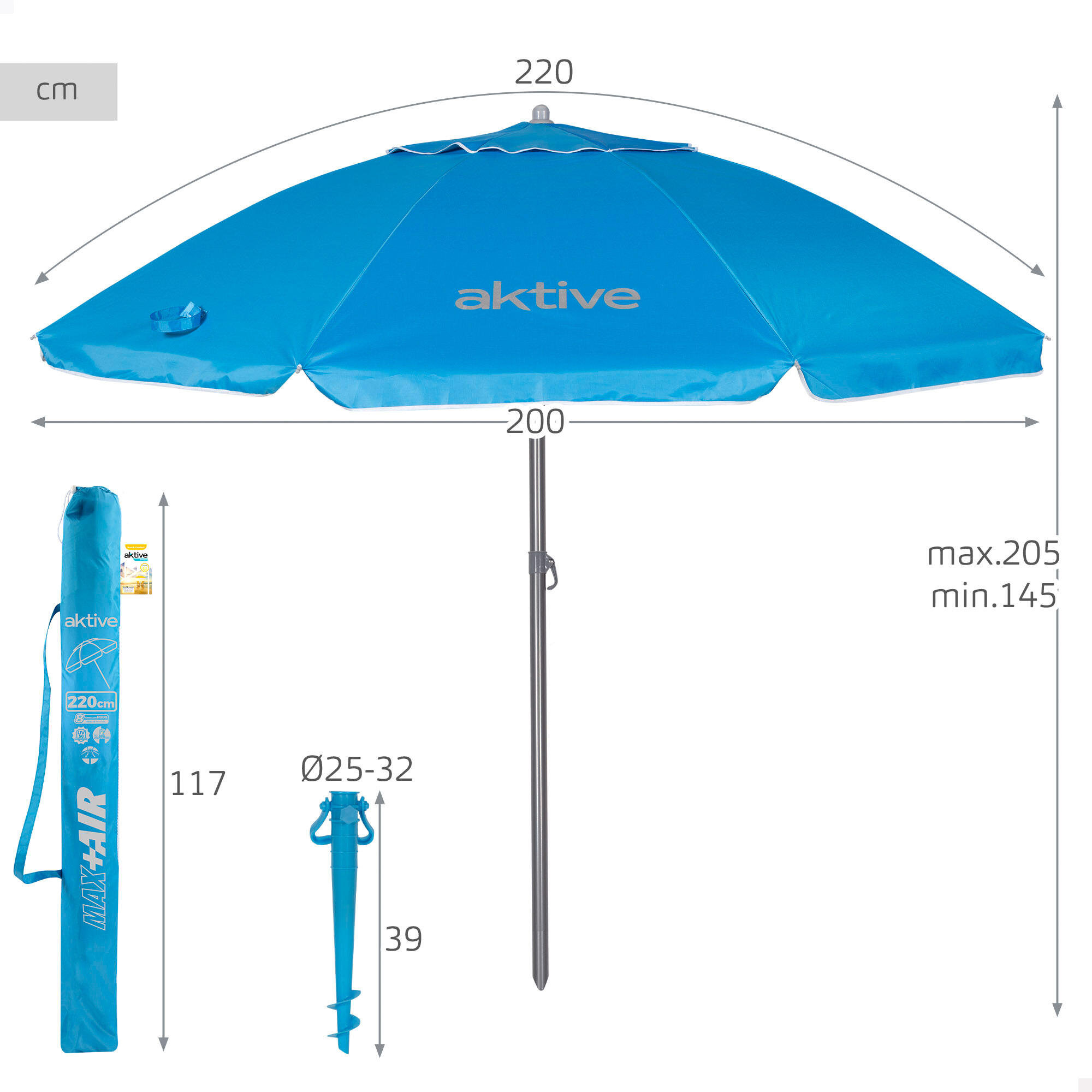 Parasol de plage inclinable UV50 en oxford et acier avec pied et housse 4/7