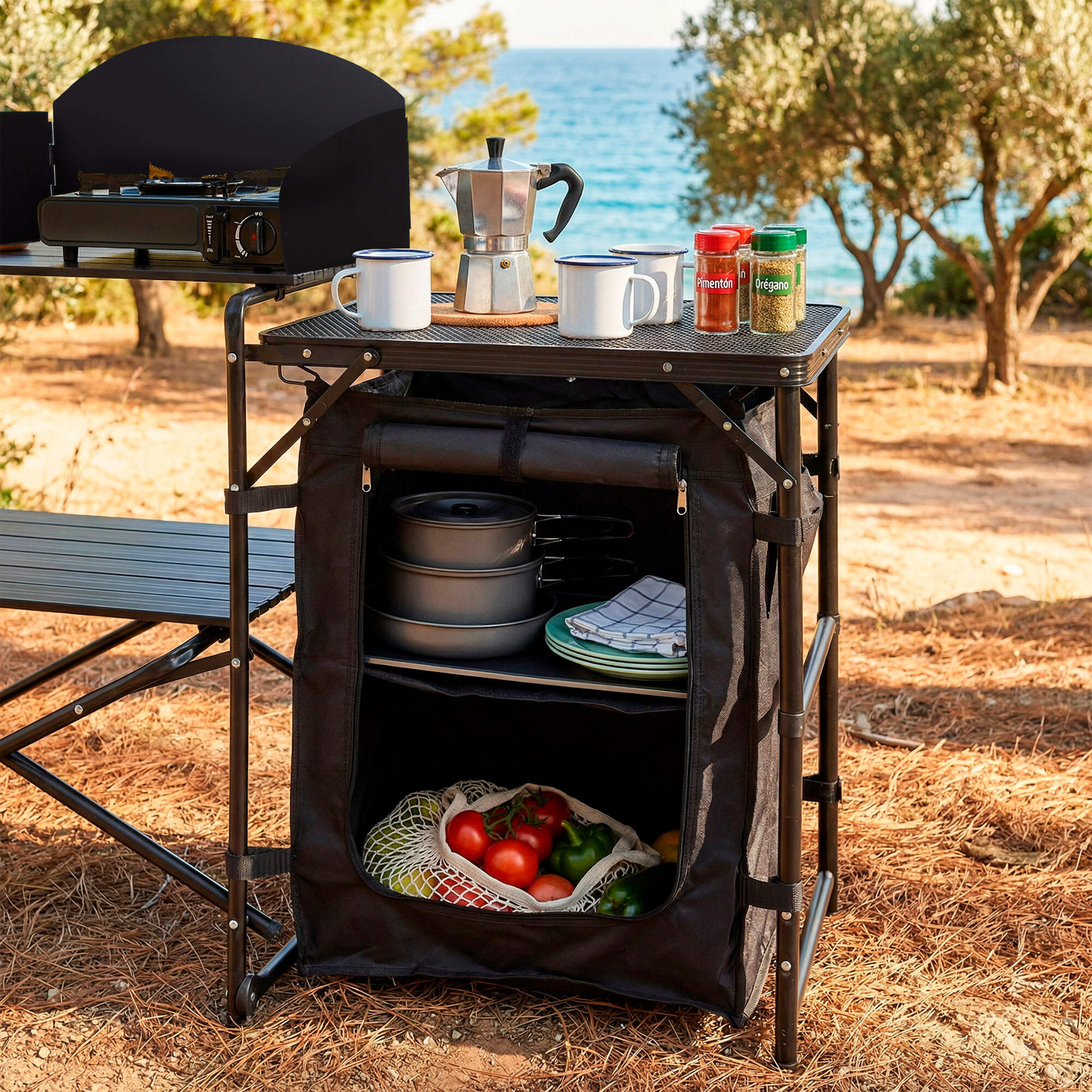Cuisine de camping en acier et polyester avec placards et étagères de rangement 3/7