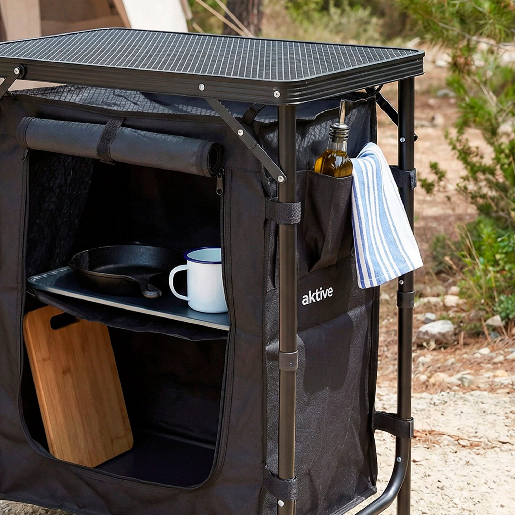Cuisine de camping en acier et polyester avec placards et étagères de rangement 7/7