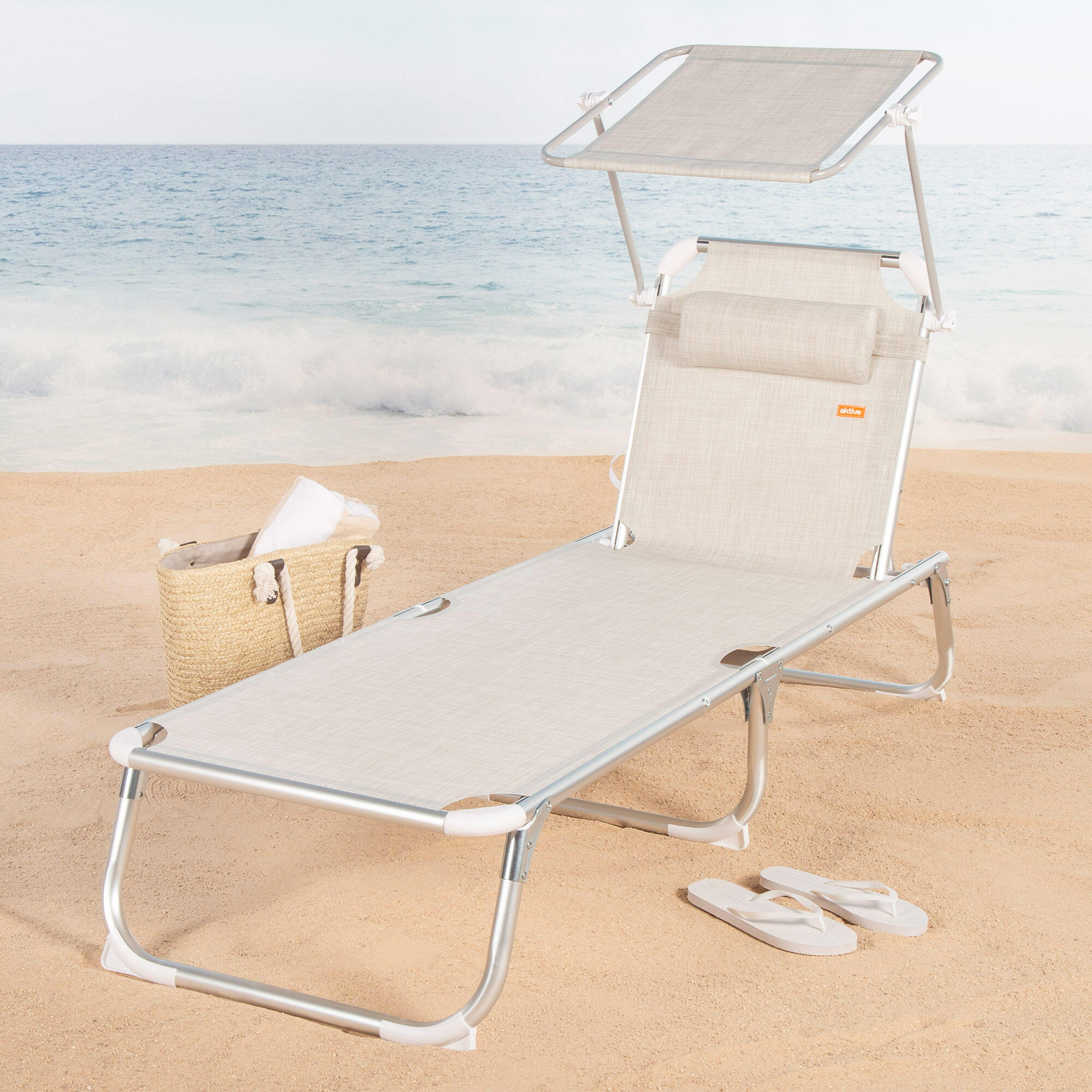 Transat de plage pliable Aktive 186 x 49 x 30 cm, 110 kg, 5 positions, beige 2/7