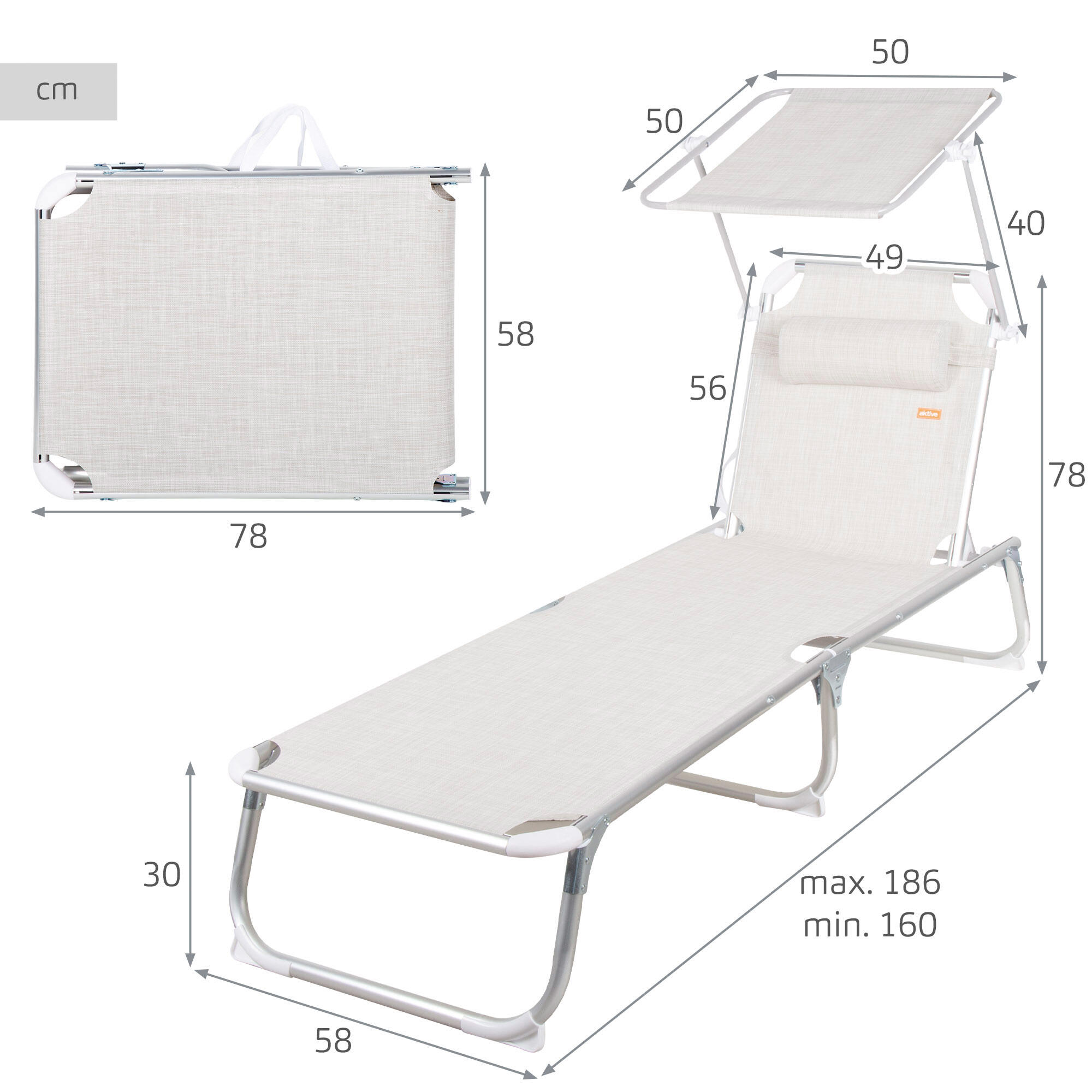 Transat de plage pliable Aktive 186 x 49 x 30 cm, 110 kg, 5 positions, beige 4/7