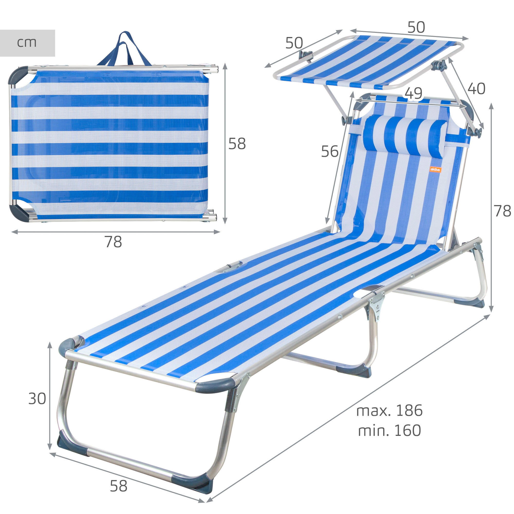 Lettino da spiaggia pieghevole Aktive 186x49x30 cm 110 kg 5 posizioni nautico 4/7