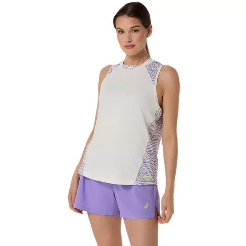 Camiseta Asics Padel Court Print Crema Purpura Mujer 3/5