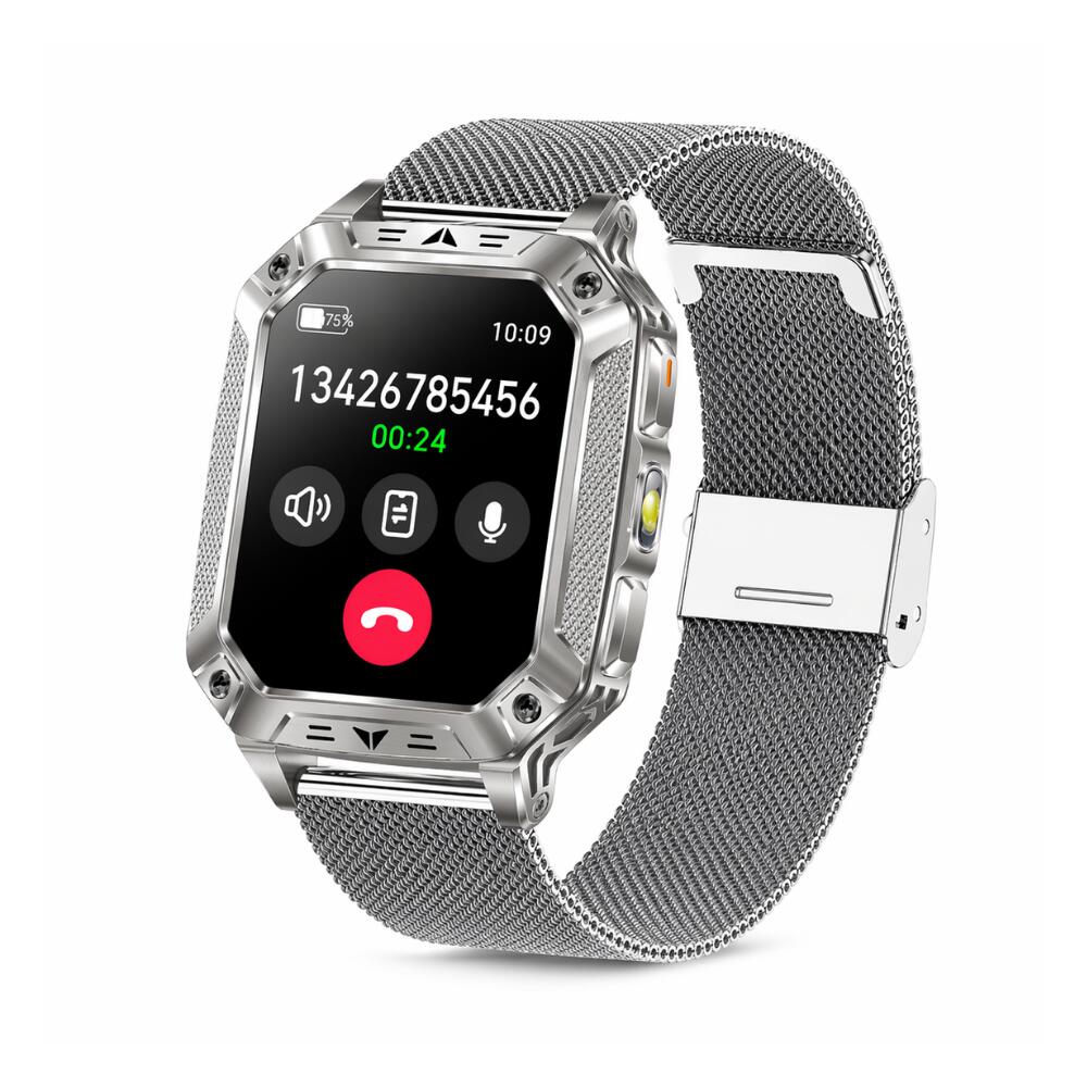 Military Smart Watch with 1400mAh Bluetooth Call (Silver Mesh Belt 2A)
