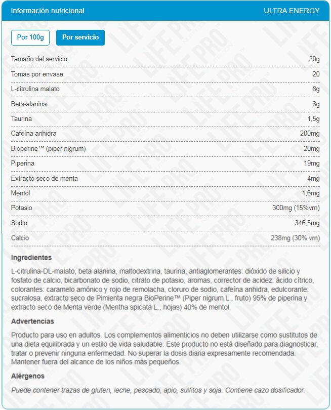 Preentreno Life Pro Elektro 400g Aumenta Rendidimiento y Reduce Fatiga 4/5