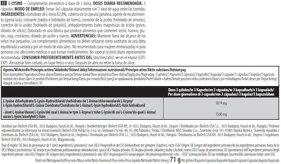L-lysine - 90 cápsulas de Biotech USA 4/5