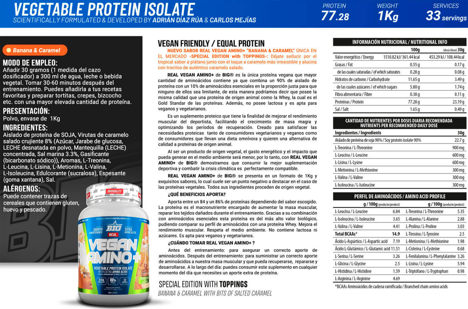 Real Vegan Amino+ - 1Kg Plátano y Trozos de Caramelo Salado BIG 3/4