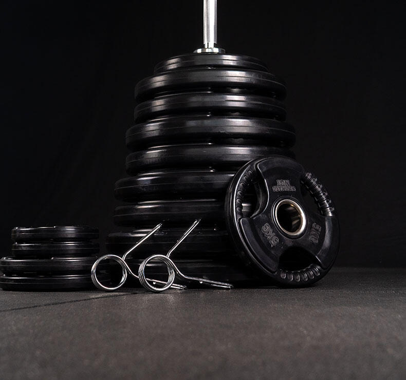 Set de poids olympiques Tri-Grip + barre  - 120kg 2/6